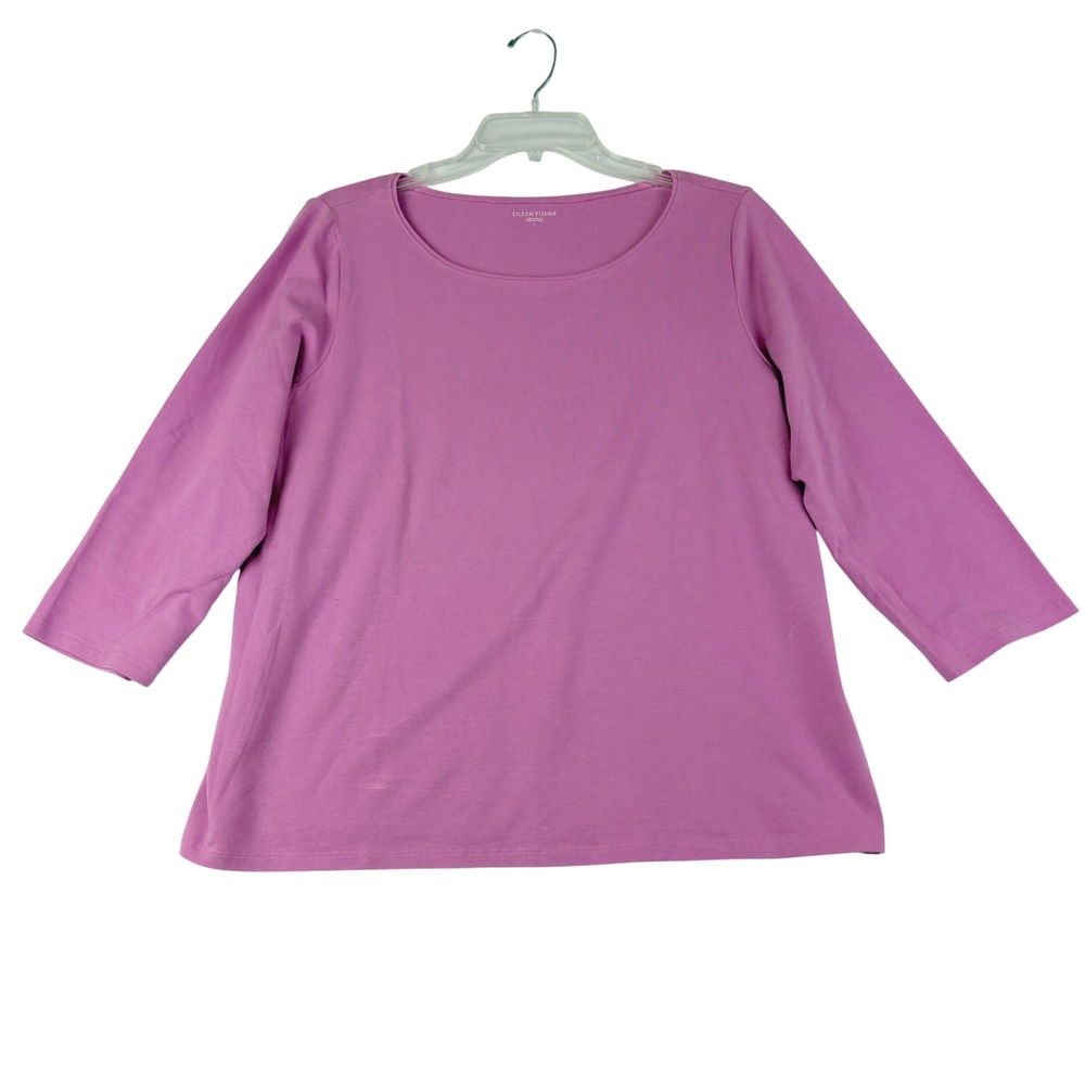 Eileen Fisher L Pink Organic Cotton 3/4 Sleeve Scoop Neck Top Minimalist Casual